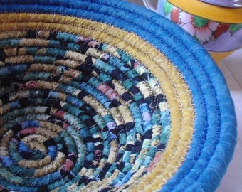 Blue, Gold and Black Coiled Fabric Basket - Handmade by Me, Catchall, Housewarming Gift