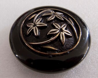 Large Vintage Black Button with Inset Floral Decoration - 38mm