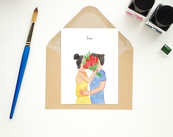 Postcard - couple kissing behind flowers - Bisous