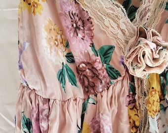 Vintage silk babydoll nightie slip - dusty pink floral medium size