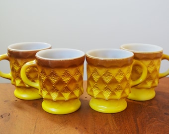 Vintage Yellow Fire King Kimberly mugs or cups, Retro Set of 4 - Anchor Hocking 1970s Mid Century Kitchen
