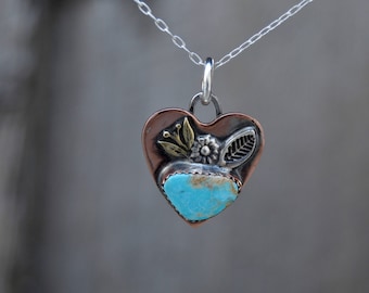 Soldered Small Copper Sterling Heart Rustic Necklace. Kingman Turquoise . Rustic . Relics . Stamped