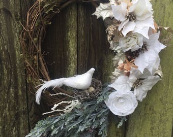 Christmas wreath, Christmas door decor, Winter wreath, Winter door decor, Dove wreath, white and gold wreath, Christmas decor, bird wreath