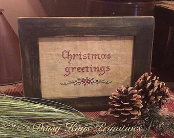 Primitive Colonial Farmhouse Christmas Stitchery Decor | Framed Cross Stitch | Holiday Sampler | Daisy Kays |