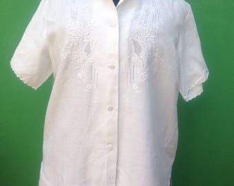 80s Vintage Top | Antique White cotton Blouse | Embroidered Blouse | Vintage Blouse | Embroidered Shirt | Embroidered cotton blouse