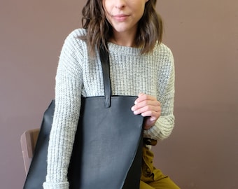 Large Leather Tote, Black Natural Leather Caryall, Structured: The BEHEMOTH TOTE in Matte Black Leather by Awl Snap