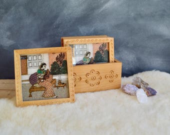 Vintage Kadam Wood Coasters with Painting of an Indian Woman with Bird, Set of Six