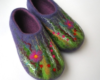 Felted wool slippers / house shoes - Purple Meadow