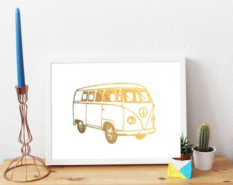 Camper Bus, Gold Foil Print, A4, Gift, Illustration Art Print