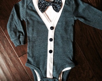 Preppy Baby Boy Cardigan, Onesie + Bow Tie Set