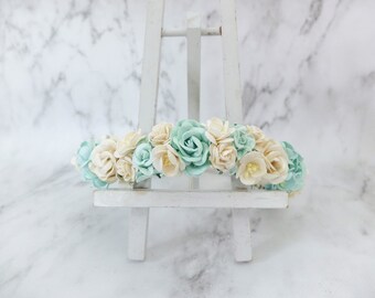 Mint ivory flower crown - wedding floral hair wreath - bridal headpiece - hair accessories - head wreath