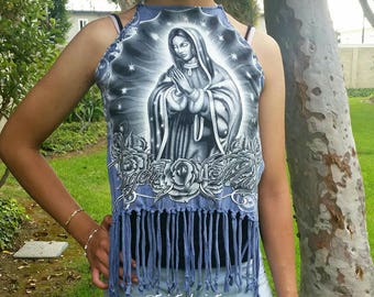 Virgen de Guadalupe Backless Fringe Festival Top, recycled clothing shirt, XS S