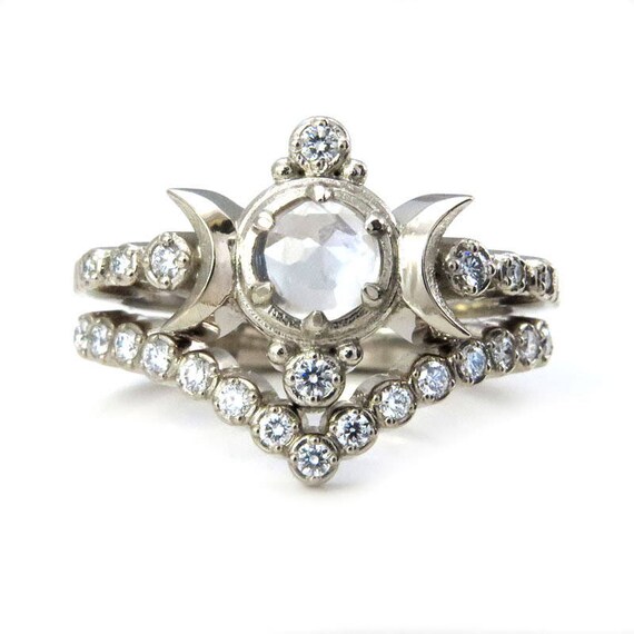 Moon Ring Engagement Set - Rose Cut Moonstone with Diamonds in 14k Palladium White Gold