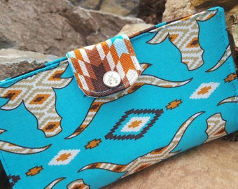 Longhorn Checkbook Cover, Coupon Wallet, Fabric Checkbook, Southwest Checkbook, Fabric Checkbook