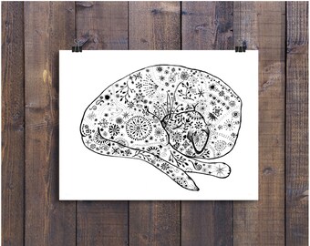 Cat Art, Cat Drawing, Doodle Art, Pen and Ink Art, Pen and Ink Cat, Ink Art, Black and White Art, Black and White Cat, Wall Art, 5 x7 Art