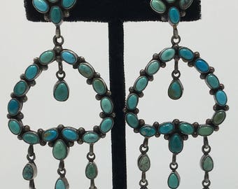 Native American Sterling Silver Handmade Navajo Natural Carico Lake Turquoise Dangle Earrings