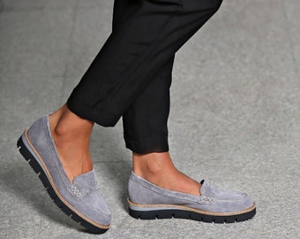 Gray suede loafers / Women's casual shoes / Comfortable slip on shoes / Classic model