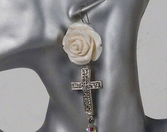 White roses and crosses dangle earrings, Goth jewelry, statement earrings