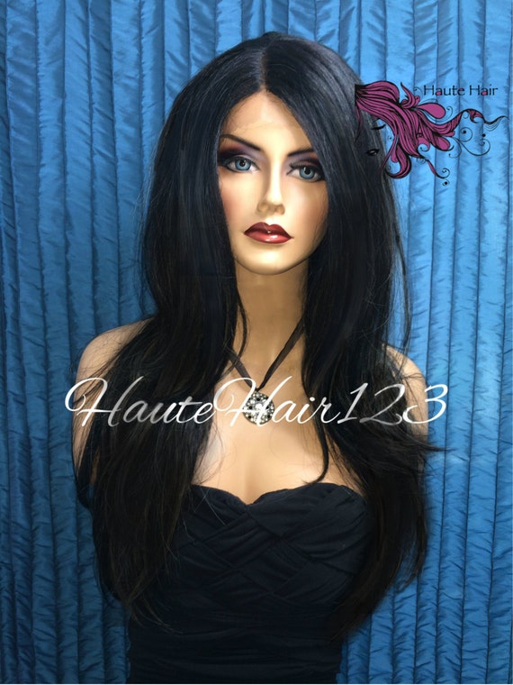 Human Hair Blend Straight Black Realistic Lace Front Wig