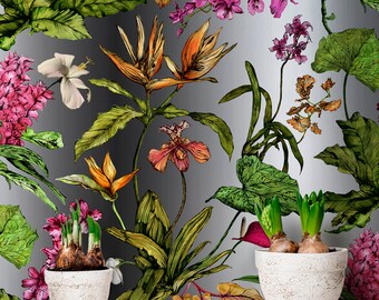 Tropical Wallpaper - Hothouse Botanical Pattern with Orchids and Leaves