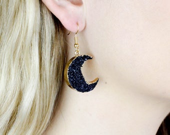 Druzy Moon Earrings, Half Moon Earrings, Gold Moon Earrings, Druzy Moon, Moon Drusy Earrings, Crescent Moon Earrings, Faux Druzy Earrings