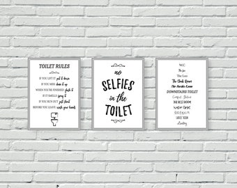 Toilet wall prints, bathroom wall art, set of three, cloakroom, W.C, black and white, mono, downstairs loo, wall decor, bathroom decor, A4