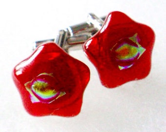 Red Star Cufflinks - Fused Glass Layers on Silver Tone Fittings - Gift Boxed