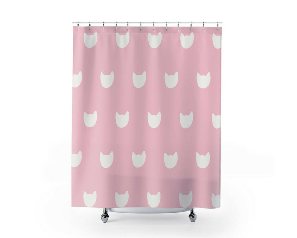 Pink Cat Shower Curtain Bathroom Decor Modern Cute Zoom