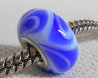 Glass Large Hole Lampwork Bead European Charm Bracelet Bead White with Blue Design Silver Cored Bead