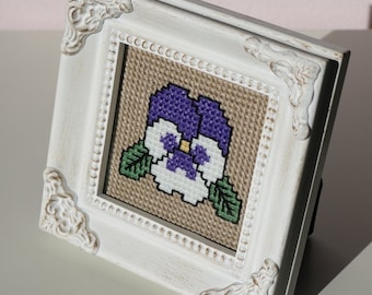Framed Cross Stitch Pansy Flower