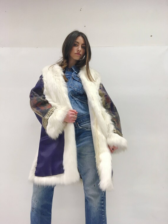 White Eco Fur LOLA DARLING " Mutazioni" Faux Ecological Fur with a Deconstructed hand-dyed Dress Applied Handmade in Italy Unique Reversible