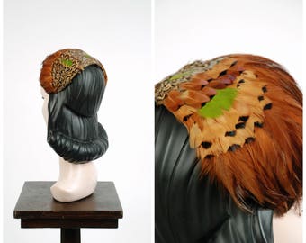 Vintage 1960s Hat - Gorgeous 60s Richly Feathered Headband with Pheasant and Rooster
