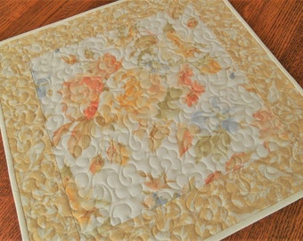 Quilted Square Table Topper with Roses and Birds, Yellow Peach and Blue, Cottage or Farmhouse Chic Decor, Floral Table Topper, Bedroom Decor