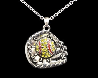 Softball in Glove Rhinestone Necklace