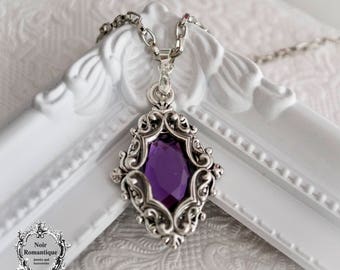 Silver ornate victorian gothic necklace-victorian gothic pendant-necklace with amethyst gem