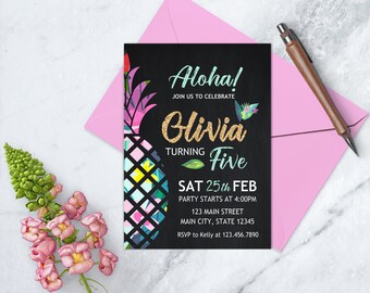 Pineapple Birthday Invitation, Luau Invitation, Hawaiian Luau Invite, Hawaiian Birthday Printable, Tropical Theme Birthday, Hawaiian Party