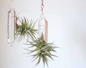 Hanging Air Planter with Quartz Crystal, Airplant Display, Wire Wrapped, Boho Decor, Geometric, Hostess or Housewarming Gift Under 30