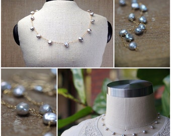 Silver Gray Pearl Necklace - Delicate Metallic Silver Pearls Wire Wrapped into a Station Necklace with Gold Chain, Style Number 863