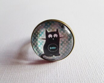 "Cat cute II", bronze cabochon, costume jewelry ring