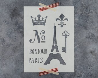 French Stencil - Reusable DIY Craft Stencils of the Eiffel Tower, French Words, Crown, and Fleur De Lis - Paris Stencil