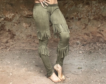 Chimwemwe Legging - Suede-lycra native american inspiration leggings with fringes and copper color rivets decoration