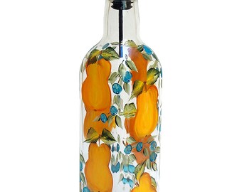 Hand Painted Glass Bottle Olive Oil Dispenser Yellow Pears & Blueberries Hand Painted Glassware Hand Painted Oil Vinegar Soap Dispensers