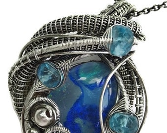 Wire-Wrapped Australian Opal Pendant in Antiqued Sterling Silver with Blue Apatite