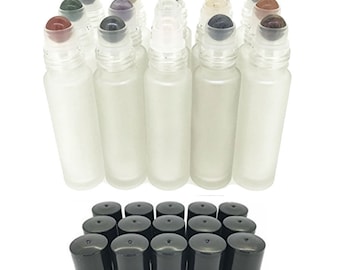15pc Gemstone Set in FROSTED Glass LUXURY 10ml Roll On Bottles Chakras, Essential Oil Blends Amethyst, Sodalite, Rose Quartz Aventurine Jade