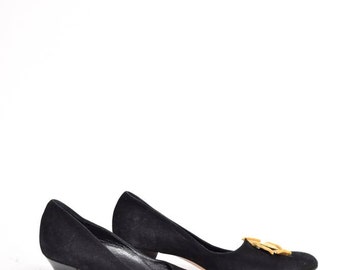 Vintage Black Suede Leather Heels with Gold Metal Flower
