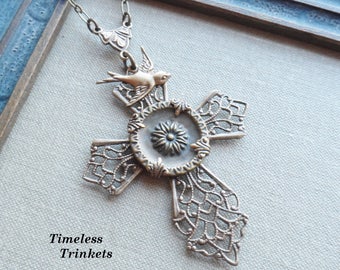 Antique Button Necklace, Filigree Cross, Sunflower Design, Slight Green Tint, Dove, Antique Brass, Timeless Trinkets