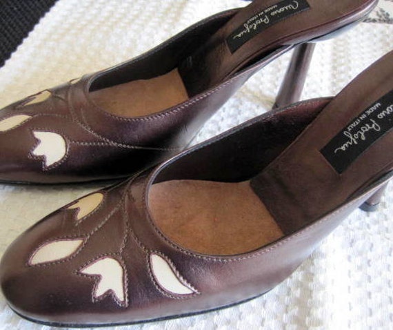Made in Italy Slide Shoes, Mario Bologna Bronze Leather, Tan Cutwork, Sz 7 1/2 Pump