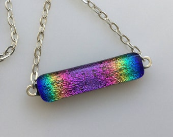 Dichroic Rainbow Bar Pendant, Fused Glass Jewelry, Rainbow Dichroic Glass Necklace