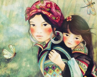 mother and daughter from Vietnam Hmong people art print 8 x 10 inches