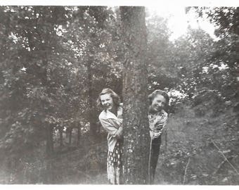Vintage Snapshot "Hide & Seek" Fun-Loving Women Peek Around Tree Found Vernacular Photo
